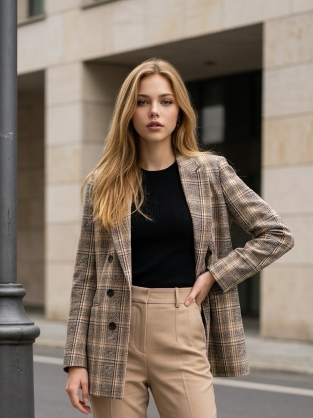 Bar III Plaid Double-Breasted Blazer in Tan and Black
